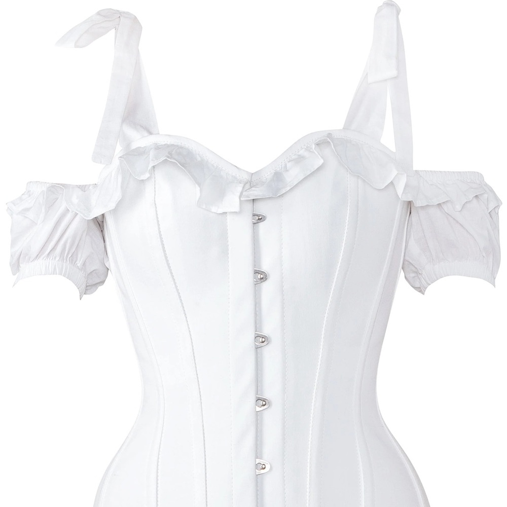 Corset story white cotton overbust with sleeves and shoulder straps